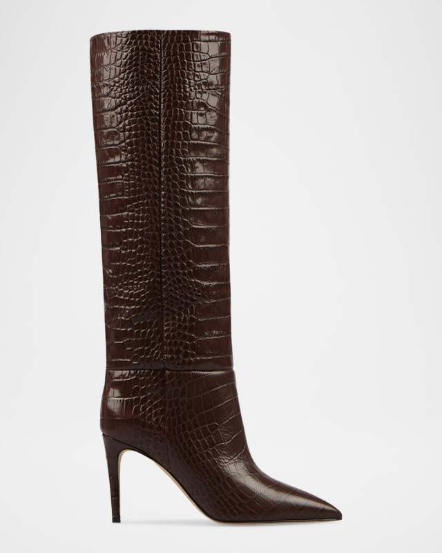 Croc-Embossed Leather Stiletto Boots